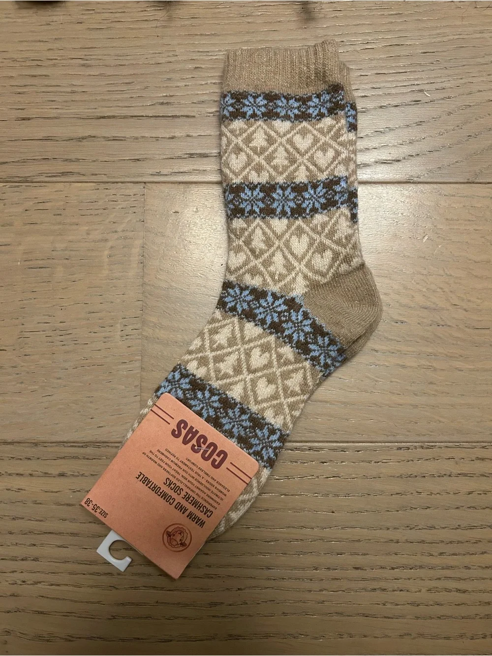 Cashmere Blend Patterned Women's Crew Socks - Beige & Light Blue Size 35-38